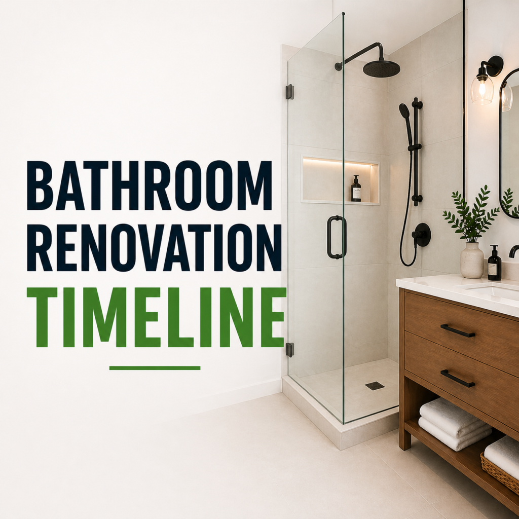 Bathroom renovation timeline showing modern shower and vanity with step-by-step renovation process overview