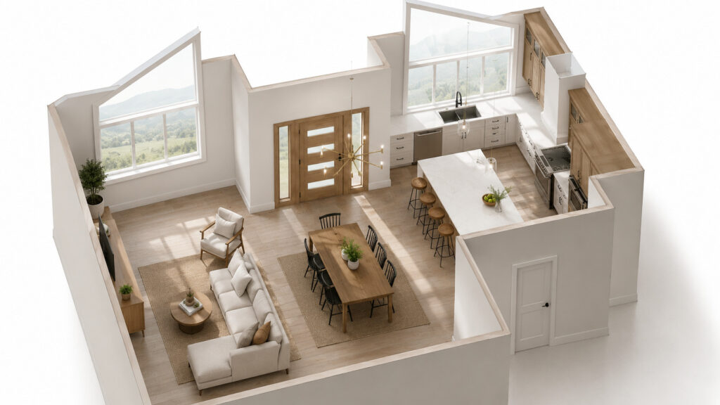 Zzone Homes 3D design rendering of a full home renovation main floor in Hamilton, showing the open-concept living, dining and kitchen layout