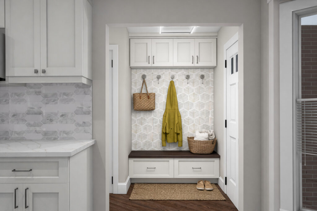 Custom mudroom built by Zzone Homes with bench seating, drawer storage and a tiled hook wall