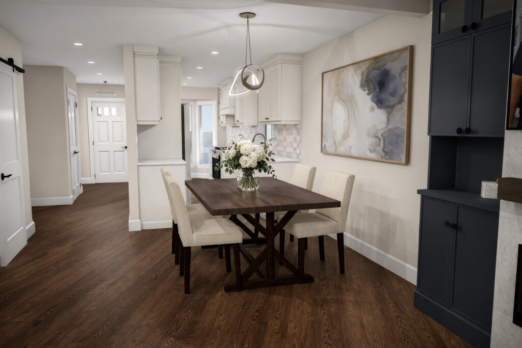 Open-concept dining area by Zzone Homes with a walnut trestle table and a clear sightline through to the kitchen