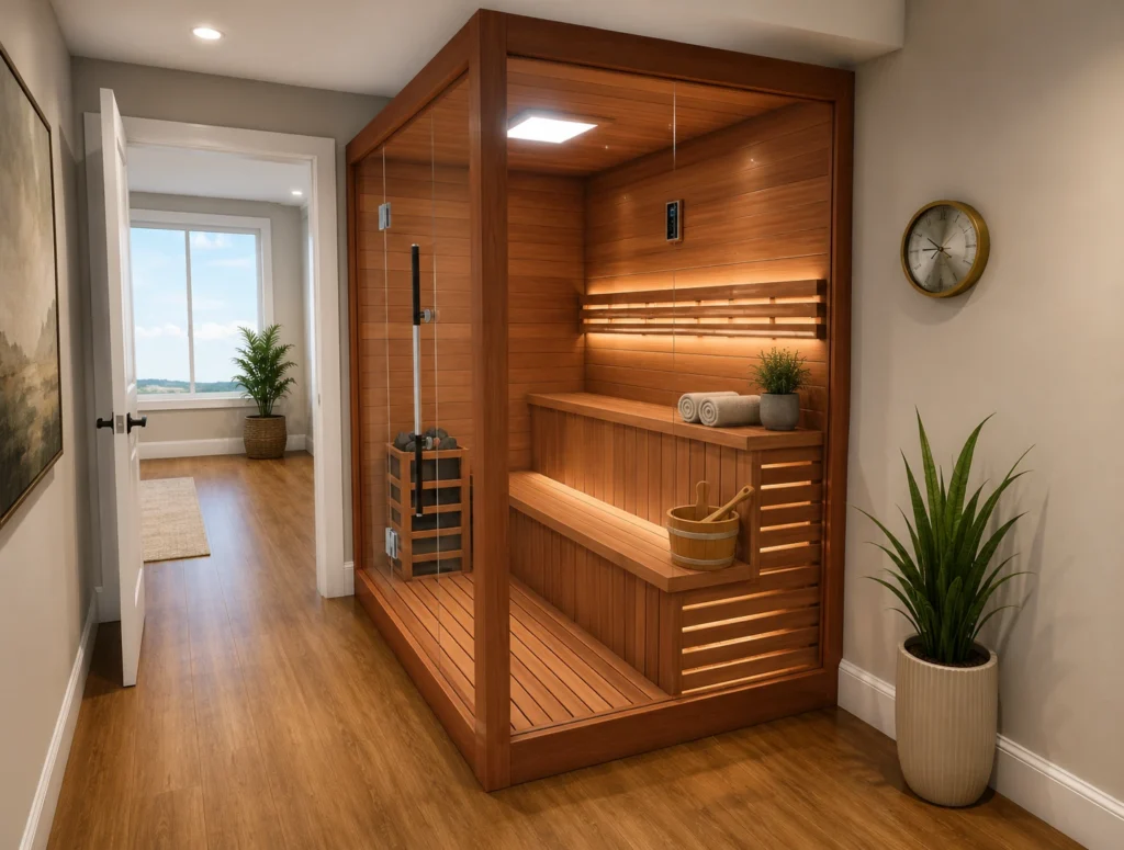 3D design rendering of a cedar-lined basement sauna with a glass door and bench seating.