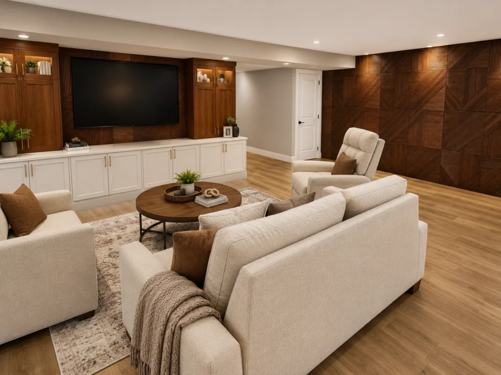 3D design rendering of a finished basement living area with a wood feature wall, built-in cabinetry and a wall-mounted television.