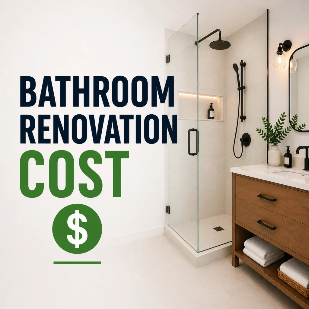 Graphic reading “Bathroom renovation cost” beside a walk-in glass shower with black fixtures and a wood vanity.