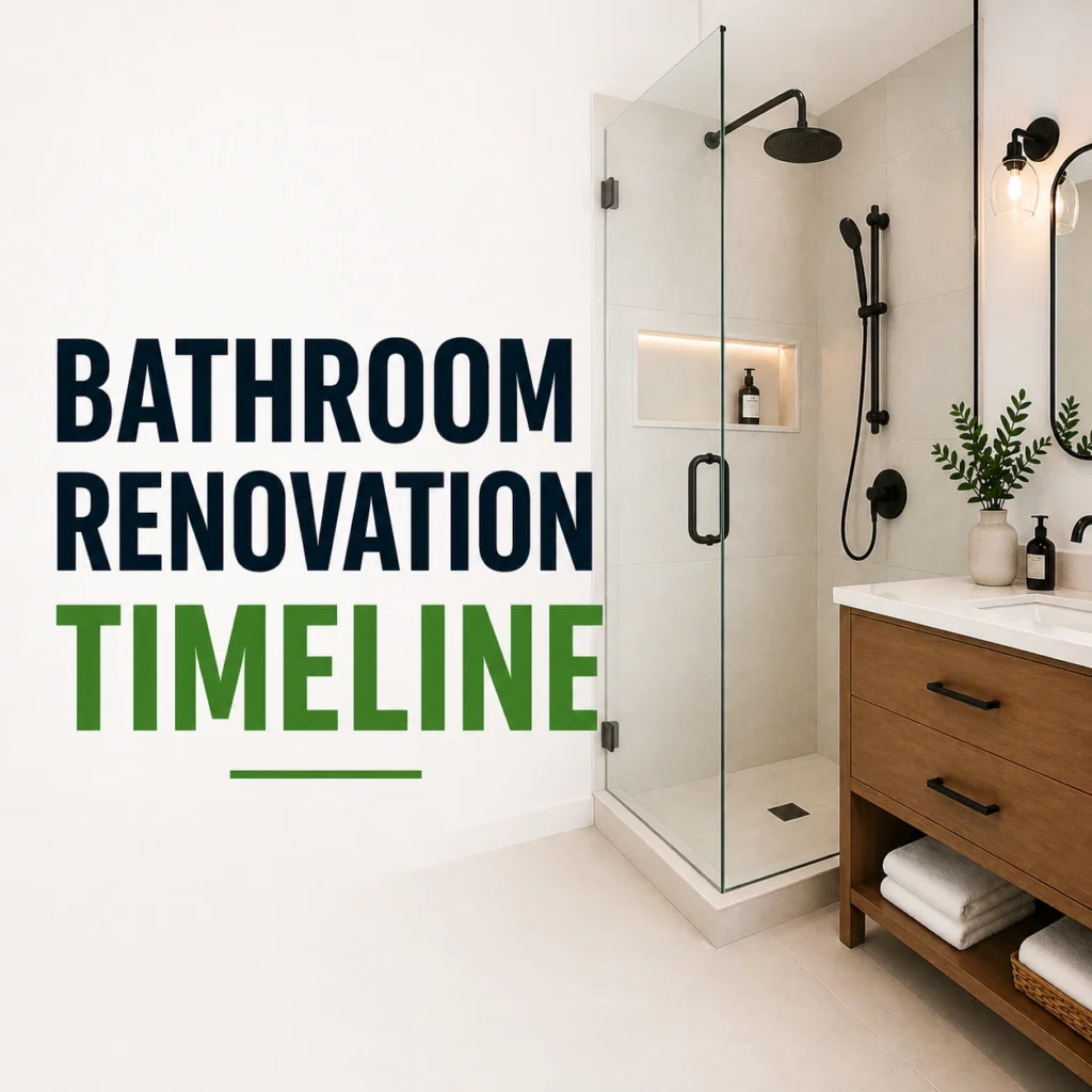 Graphic reading “Bathroom renovation timeline” beside a walk-in glass shower with black fixtures and a wood vanity.