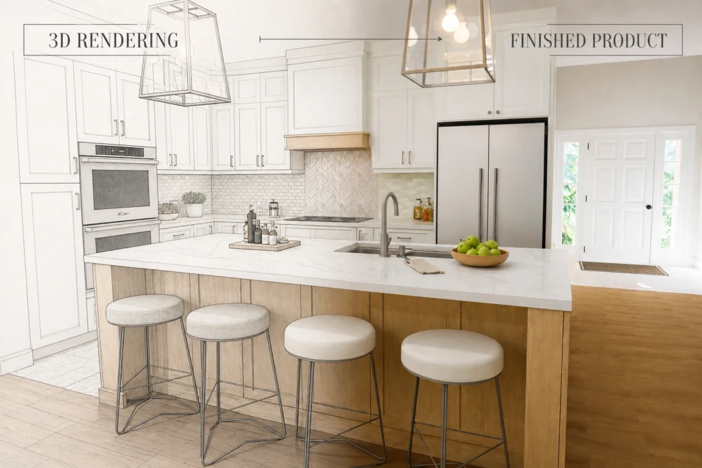Side-by-side comparison of a kitchen 3D rendering and the finished kitchen, with a wood-fronted island, white cabinetry and pendant lighting.