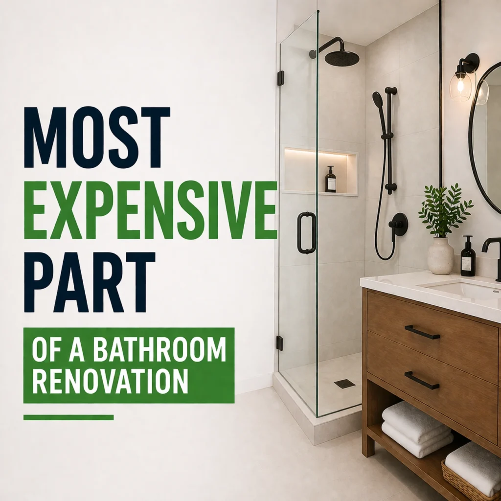 Graphic reading “Most expensive part of a bathroom renovation” beside a walk-in glass shower with black fixtures and a wood vanity.