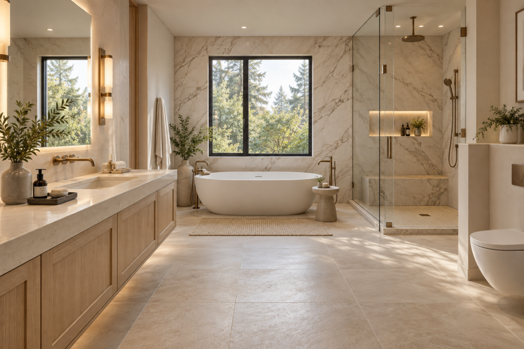 Luxury ensuite rendering with white oak vanity, marble walls, freestanding tub, glass shower and champagne bronze fixtures.
